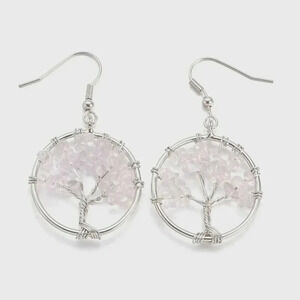 Silver Platinum Plated Quartz Crystal Tree of Life Gemstone Bead Dangle Earrings
